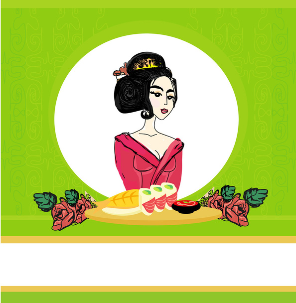 Beautiful Asian girl enjoy sushi - menu template - Vector, Imagen