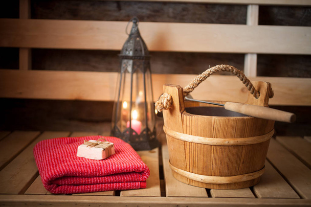 Water bucket, towel and soap - Photo, Image