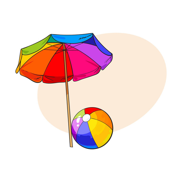 Rainbow colored, open beach umbrella and inflated ball - Вектор,изображение