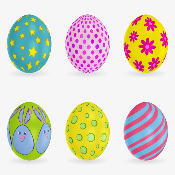 Set of colorful Easter eggs. Different patterns on each. Vector 3d icons. Festive vector illustration for your design. - Vektor, Bild