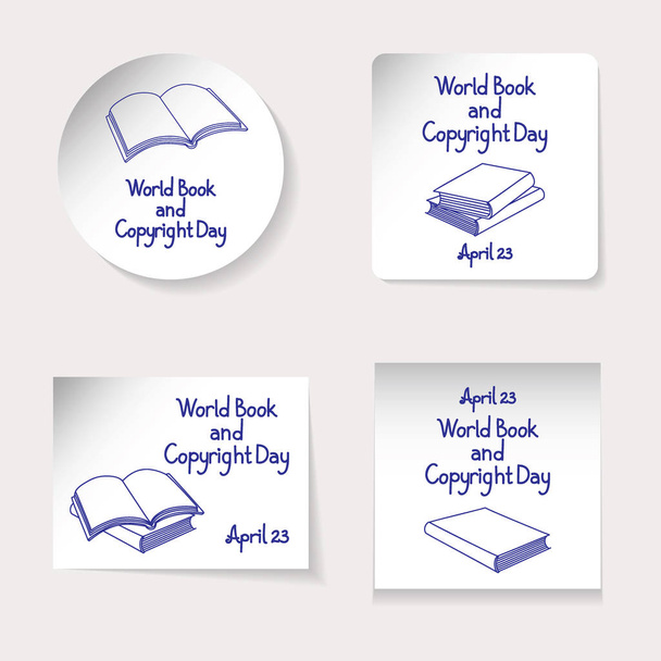 Tema Giornata Mondiale del Libro e del Copyright. Set di adesivi o banner di diverse forme: rotondo, quadrato, rettangolo. Iscrizione e vari tipi di libri, disegnati da un pennarello blu. Illustrazione vettoriale
 - Vettoriali, immagini