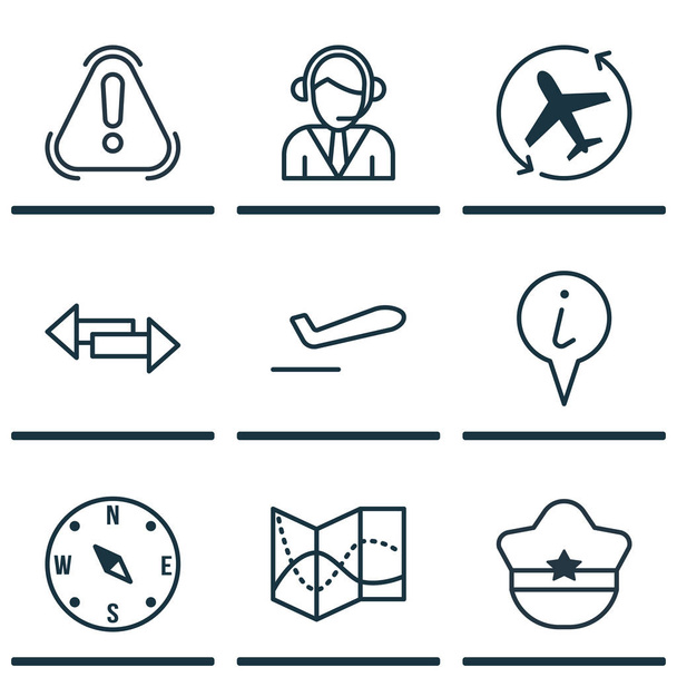 Conjunto de 9 iconos de viaje. Incluye sirena, puntero de información, despegue del avión y otros símbolos. Hermosos elementos de diseño
. - Vector, Imagen