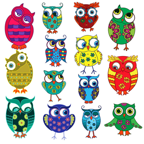 Fourteen cartoon funny owls - Vector, Imagen