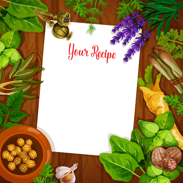 Herbs and spices with blank recipe page - Vector, Image