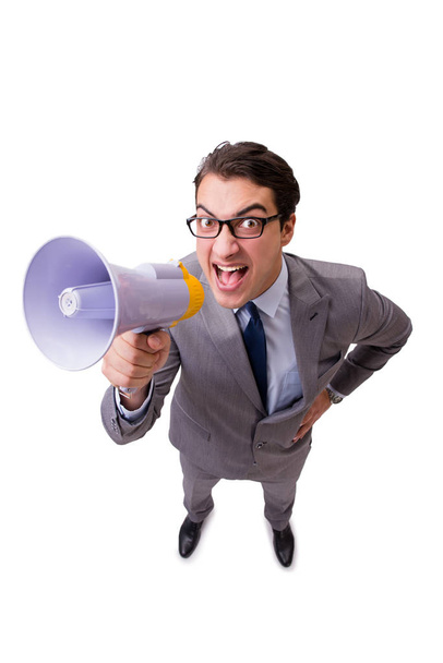 Businessman with loudspeaker isolated on the white background - Photo, Image