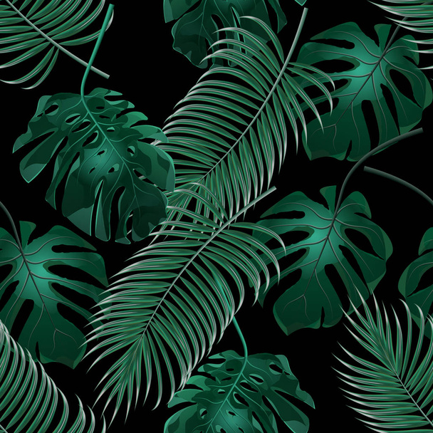 Green tropical palm leaves and monstera. Jungle thickets. Seamless floral pattern. Isolated on a black background. illustration - Vektor, Bild