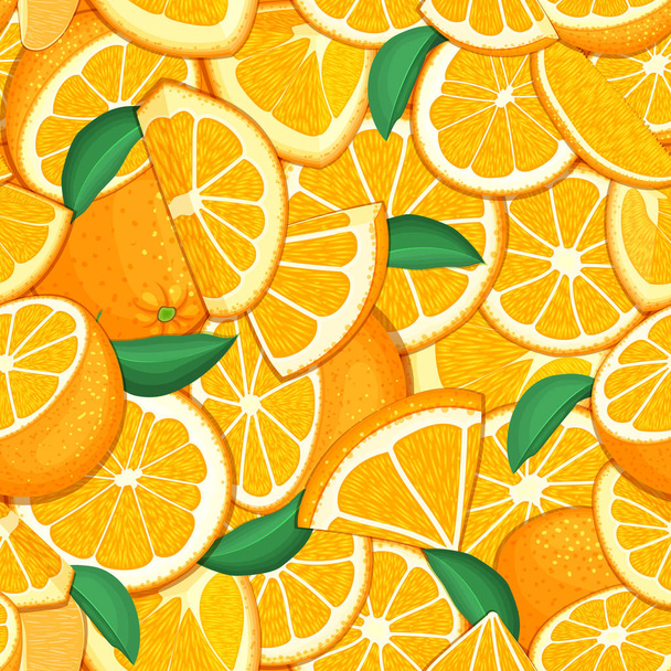 Ripe juicy tropical orange background. Vector card illustration. Closely spaced fresh citrus orange fruit peeled, piece of half, slice. Seamless pattern for packaging design healthy food, diet, juce - Vector, Image