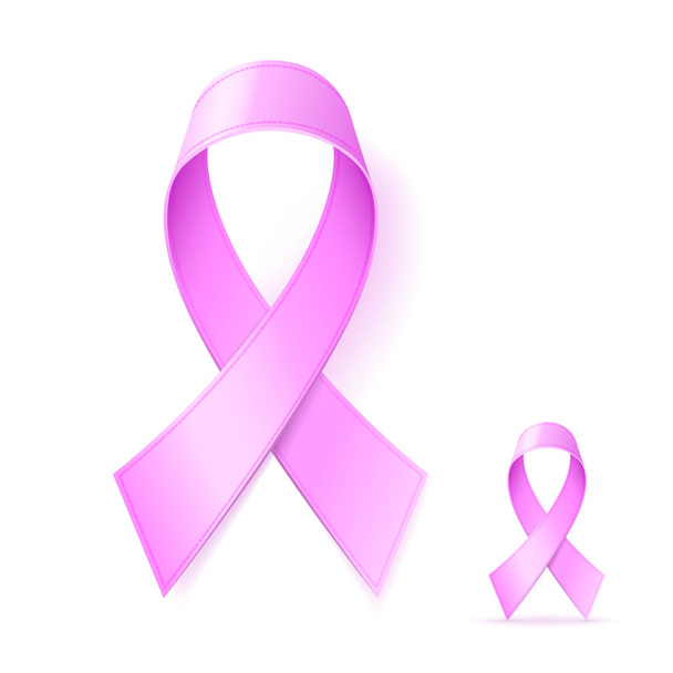 Pink Ribbon jele, reális rózsaszín szalag, mell rák tudatosság szimbólum, elszigetelt fehér háttér, eps10, vektoros illusztráció - Vektor, kép