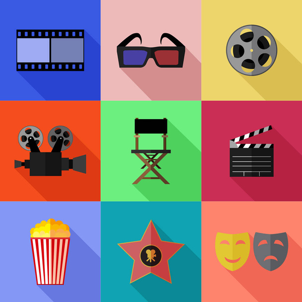 Ensemble d'icônes plates de cinéma simples sur fond carré couleur
 - Vecteur, image