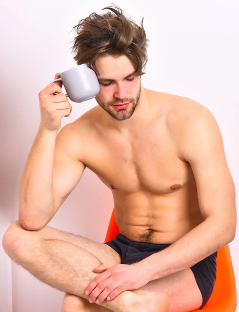 Caucasian bearded sexy macho holding coffee cup - Zdjęcie, obraz