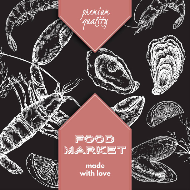Food market template with lobster, oyster and mytilus. - Vector, Image