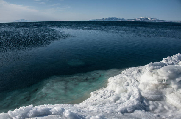 Ohotsk Denizi Sahili ve mavi su kışın buz - Fotoğraf, Görsel
