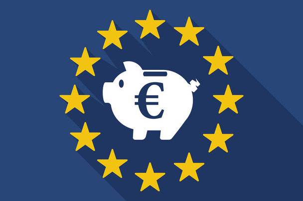 Hosszú árnyék Eu-zászló egy euro pénzérme, a piggy bank persely - Vektor, kép