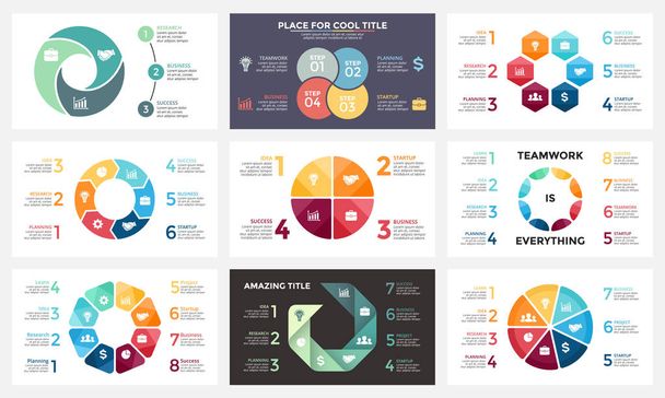 Vector circle arrows infographic, cycle diagram, geometric graph, presentation chart. Business concept with 3, 4, 6, 7, 8 options, parts, steps, processes. 16x9 slide template. - Vector, Image