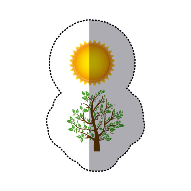 Aufkleber bunt Naturbild mit Baum mit grünen Ästen und Sonne - Vektor, Bild