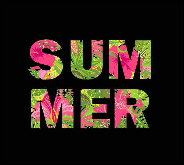 T-shirt print with floral summer lettering isolated on black background - Wektor, obraz