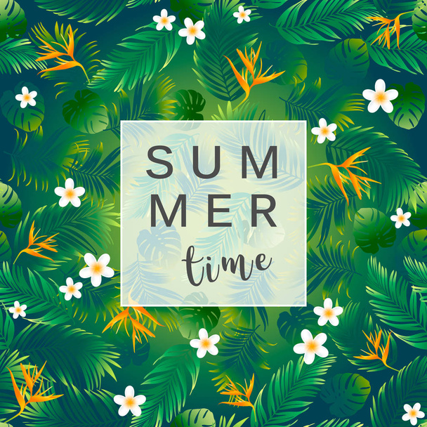 Banner horario de verano con hojas de palma y flores tropicales
 - Vector, imagen