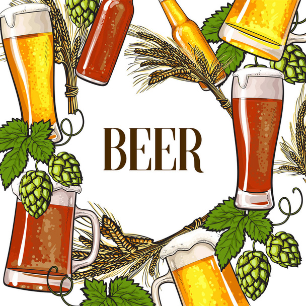 Banner of beer bottle, mug and glass, malt and hop - Вектор, зображення