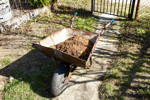 Old wheelbarrow with wooden swarf, wooden dust - Photo, Image