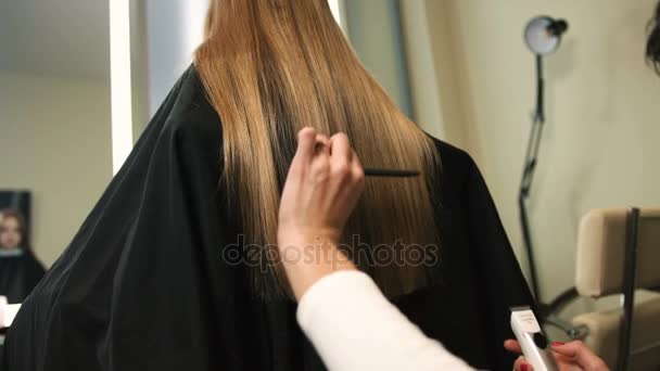 Parrucchiere professionista che taglia lunghi capelli biondi delle donne con trimmer nel salone di bellezza
. - Filmati, video