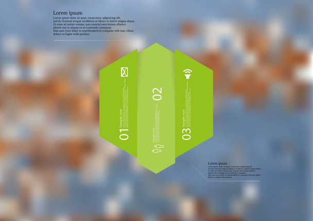六角形とイラスト インフォ グラフィック テンプレートは、3 つの緑の部分に垂直に分けられる - ベクター画像