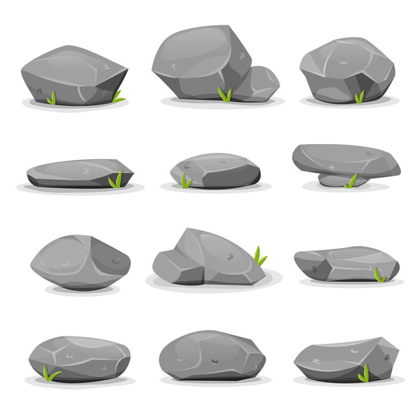 Набор разделенных мультипликационных валунов, скал и камней различной формы, изолированных на белом фоне
 - Вектор,изображение