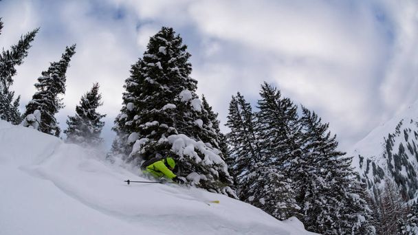 ski freerider ripping thourgh trees - Fotó, kép