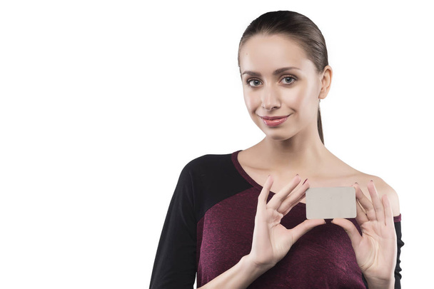 girl holds clear card isolated on white - Fotoğraf, Görsel