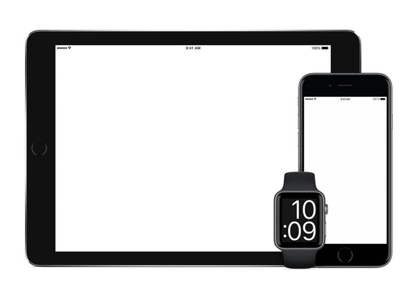 ブラック タブレット コンピューターのスマート フォンとスマートな時計 - 写真・画像