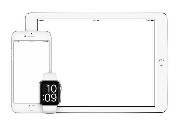 Teléfono inteligente tableta blanca y maqueta reloj inteligente
 - Foto, Imagen