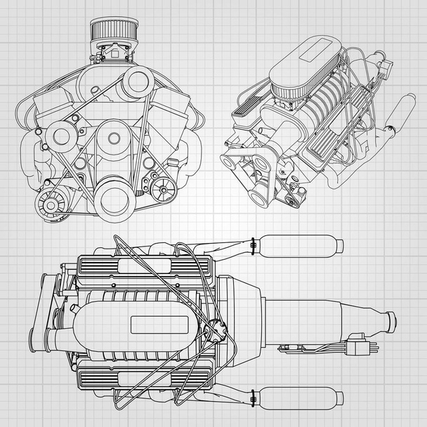 Набір з декількох типів потужного автомобільного двигуна. Двигун намальований чорними лініями на білому аркуші в клітці
 - Вектор, зображення