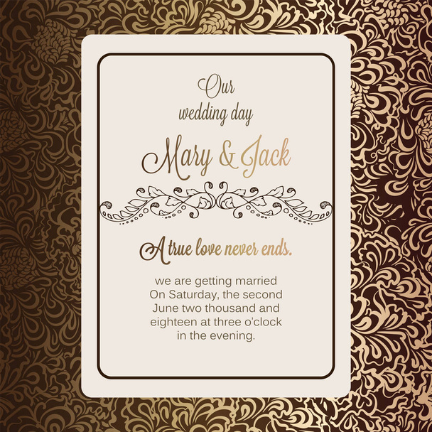 Роскошное свадебное приглашение в стиле античного барокко, золотой и шоколадный коричневый фон с рамкой и местом для текста, кружевная листва с блестящим градиентом
. - Вектор,изображение
