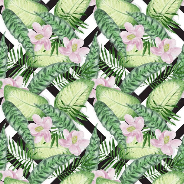 Seamless Watercolor Exotic Leaves With Flowers Pattern - Photo, Image