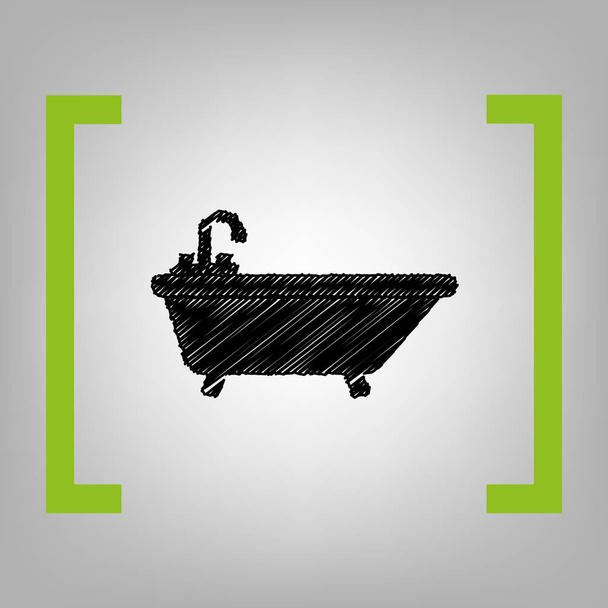 Bathtub sign illustration. Vector. Black scribble icon in citron brackets on grayish background. - Vector, Image