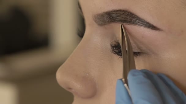 Stylist does beautiful eyebrows to the young beautiful woman. Beauty shop. Close up. - Záběry, video