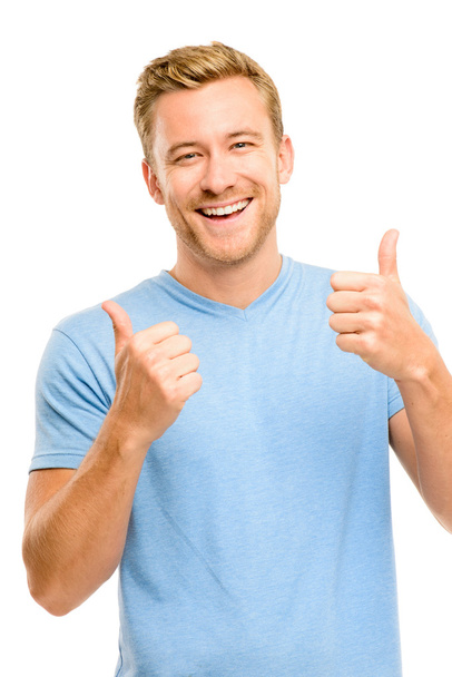 Happy man thumbs up sign full length portrait on white backgroun - Foto, afbeelding