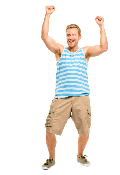 Happy young man celebrating success isolated on white - Photo, image