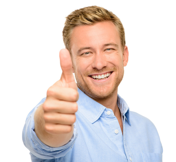 Happy man thumbs up sign full length portrait on white background - Photo, Image