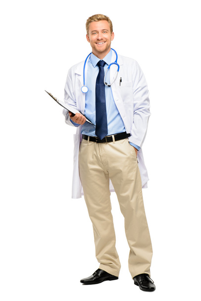 Full length of confident young doctor on white background - Foto, Imagem