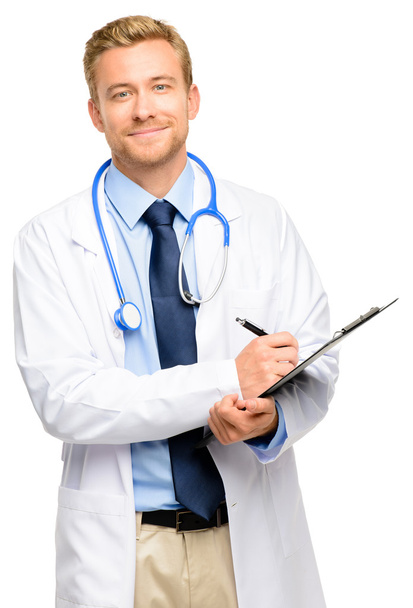 Full length of confident young doctor on white background - Foto, Bild