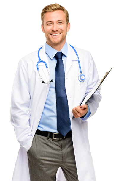 Portrait of confident young doctor on white background - Photo, Image