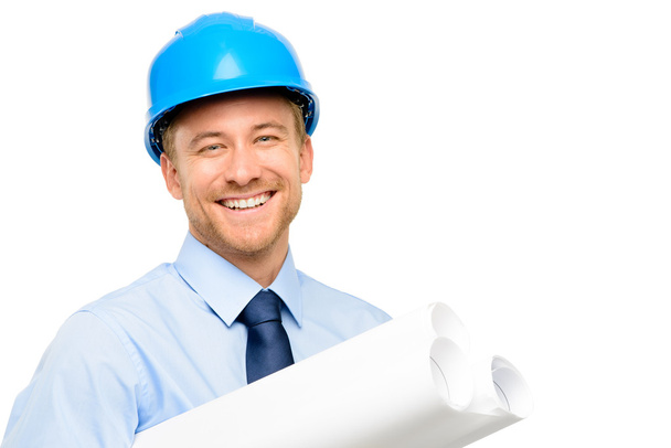 Happy young businessman architect on white background - Foto, Imagen
