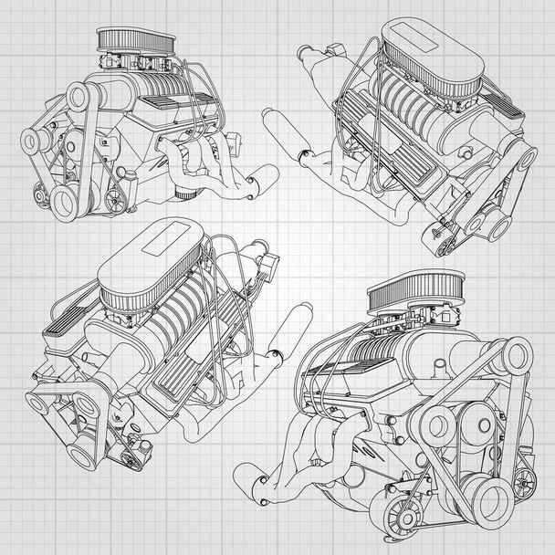 Sada několika typů silný motor. Motor je nakreslena s černými čarami na bílém listu v kleci - Vektor, obrázek