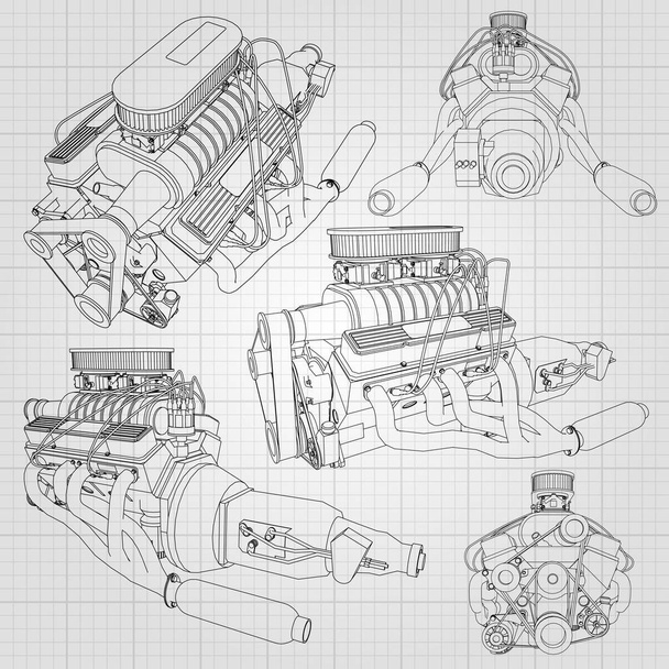 Набор из нескольких типов мощных автомобильных двигателей. Двигатель нарисован черными линиями на белом листе в клетке
 - Вектор,изображение