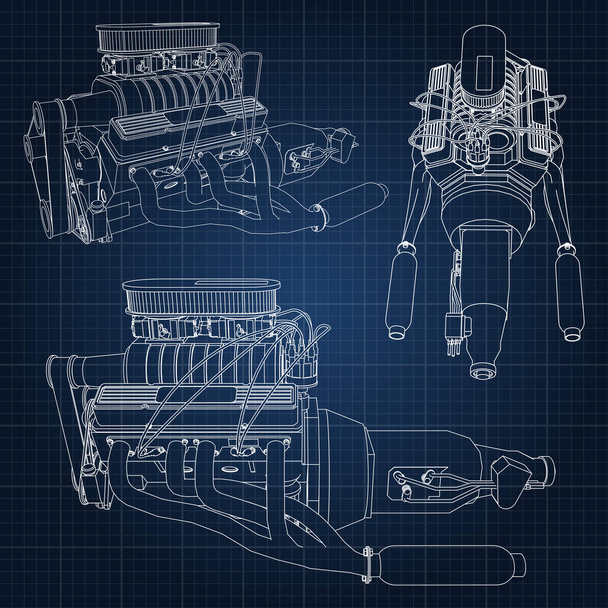 Una serie di diversi tipi di motori per auto potenti. Il motore è disegnato con linee bianche su un foglio blu scuro in una gabbia
 - Vettoriali, immagini