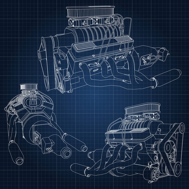 Una serie di diversi tipi di motori per auto potenti. Il motore è disegnato con linee bianche su un foglio blu scuro in una gabbia
 - Vettoriali, immagini