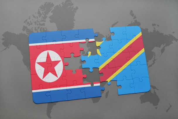 puzzle with the national flag of north korea and democratic republic of the congo on a world map - Photo, Image