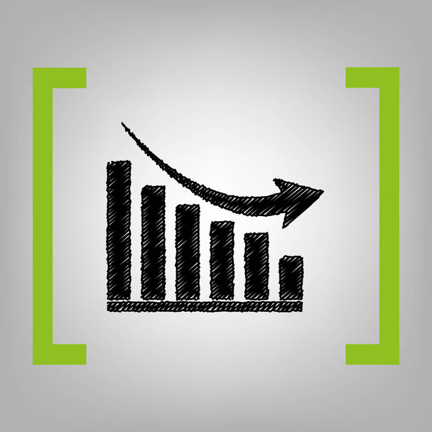 Declining graph sign. Vector. Black scribble icon in citron brackets on grayish background. - Vector, Image