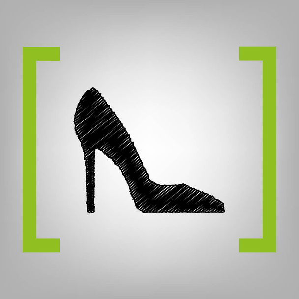 Woman shoe sign. Vector. Black scribble icon in citron brackets on grayish background. - Vector, Image