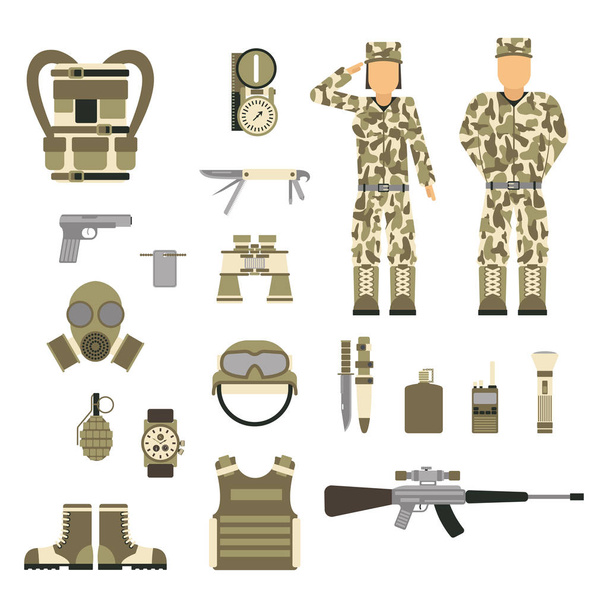 Military character weapon guns symbols armor man set forces design and american fighter ammunition navy camouflage sign vector illustration. - Vector, Image